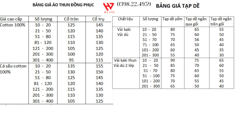 bảng giá đồng phục cao cấp